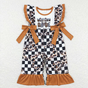 Western Babe Leopard Print Plaid Brown Bows Girls Summer Romper