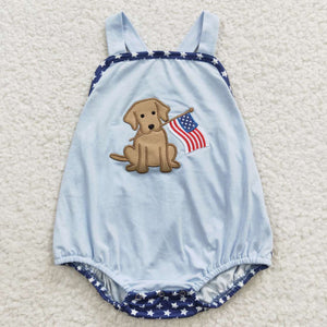 Dog Flag Stars Sky Blue Boys 4th of July Romper