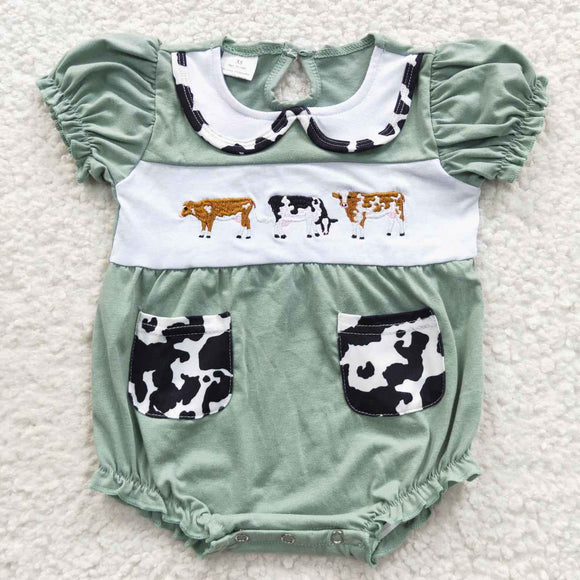 Cows Embroidery Bluish Girls Summer Romper