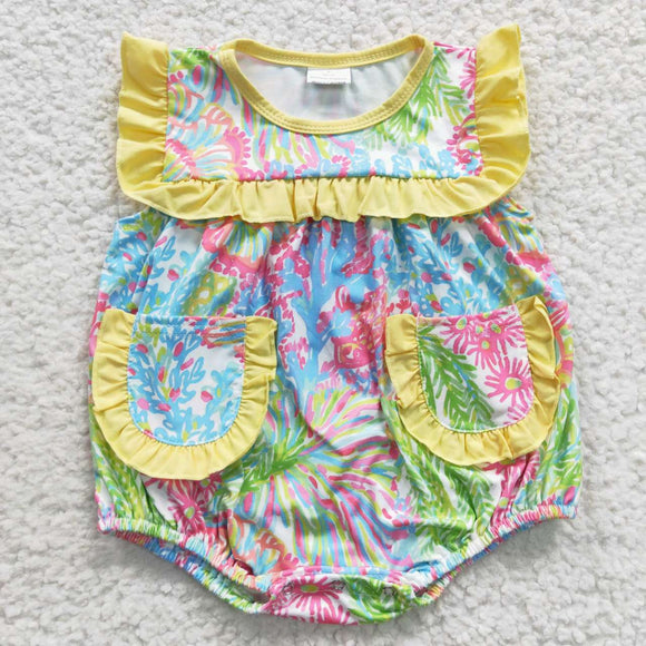 Floral Yellow Ruffles Pocket Girls Summer Romper