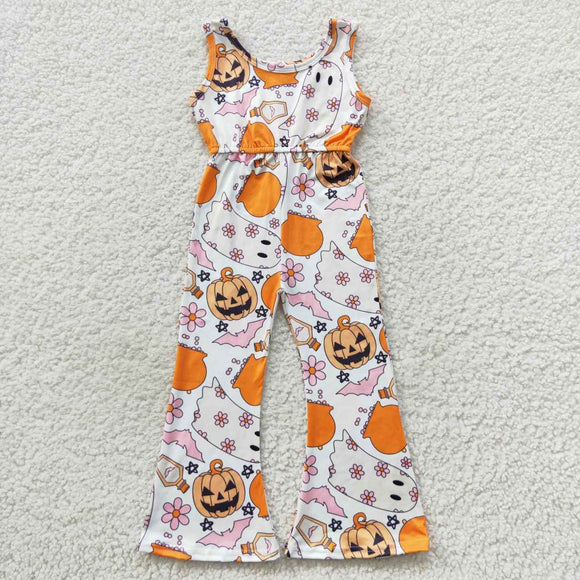 Pumpkin Ghost Pink Floral Girls Halloween Jumpsuit