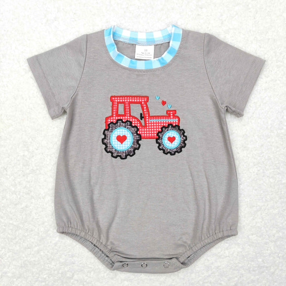 Heart Tractor Gray Blue Plaid Boys Valentines Romper