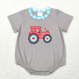 Heart Tractor Gray Blue Plaid Boys Valentines Romper