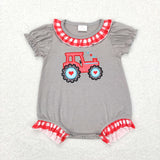 Heart Tractor Gray Red Plaid Ruffles Girls Valentines Romper