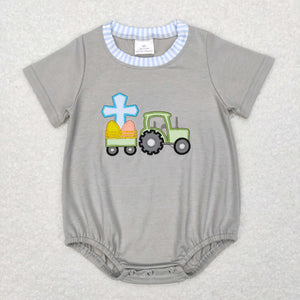 Cross Eggs Tractor Gray Boys Easter Romper