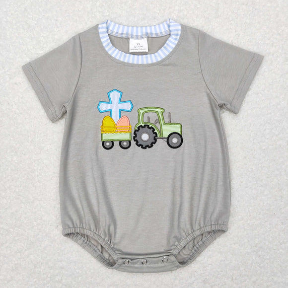 Cross Eggs Tractor Gray Boys Easter Romper