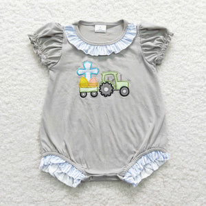 Cross Eggs Tractor Gray Girls Easter Romper