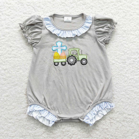 Cross Eggs Tractor Gray Girls Easter Romper