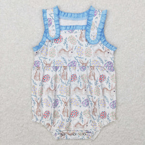 Bunny Eggs Floral Blue Ruffles Girls Easter Romper