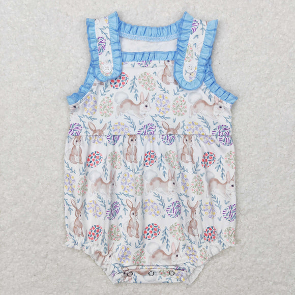 Bunny Eggs Floral Blue Ruffles Girls Easter Romper