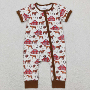 Farm Red House Horse Boys Summer Romper