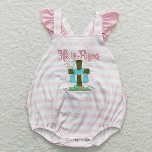 He is Risen Stripe Pink Ruffles Girls Easter Romper