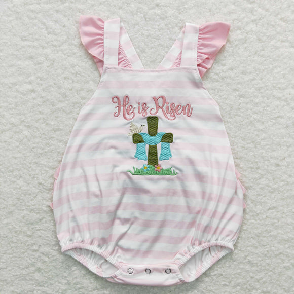 He is Risen Stripe Pink Ruffles Girls Easter Romper