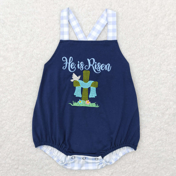 He is Risen Plaid Navy Boys Easter Romper