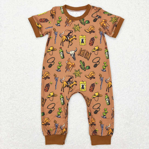 Highland Cow Rodeo Brown Boys Summer Romper