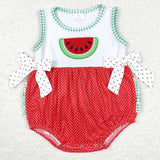 Watermelon Bows Polka Dots Red White Girls Summer Romper