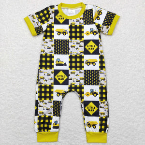 Construction Truck Little Man Yellow Plaid Boys Summer Romper