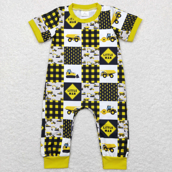 Construction Truck Little Man Yellow Plaid Boys Summer Romper