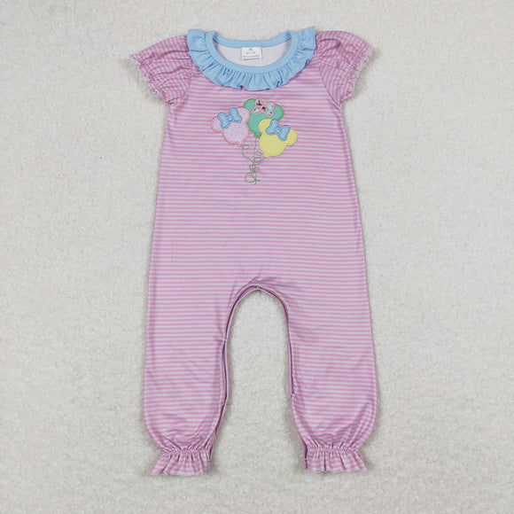 Cartoon Balloon Pink Stripe Blue Ruffles Girls Summer Romper