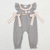 Baseball Plaid Bows Gray Girls Summer Romper