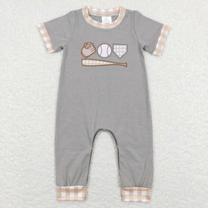 Baseball Plaid Gray Boys Summer Romper