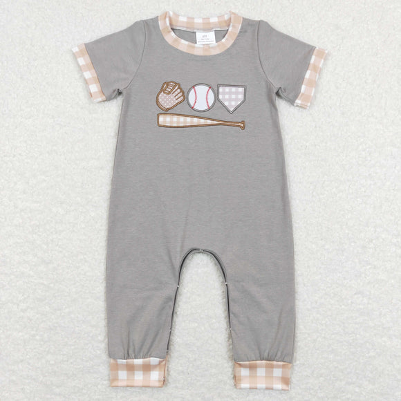 Baseball Plaid Gray Boys Summer Romper