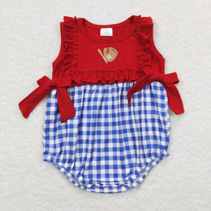 Baseball Blue Plaid Red Ruffles Bows Girls Summer Romper