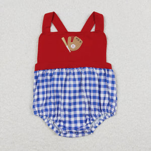 Baseball Blue Plaid Red Boys Summer Romper