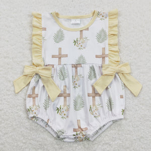 Cross Floral Yellow Ruffles Girls Easter Romper