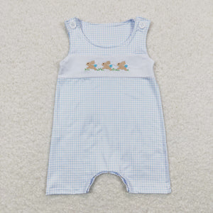 Bunny Grass Plaid Blue Boys Easter Romper