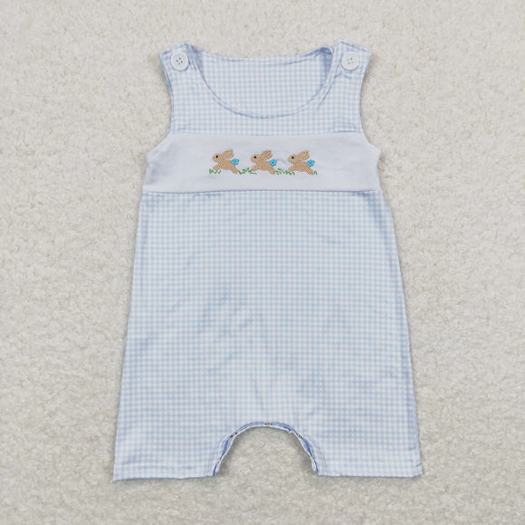 Bunny Grass Plaid Blue Boys Easter Romper