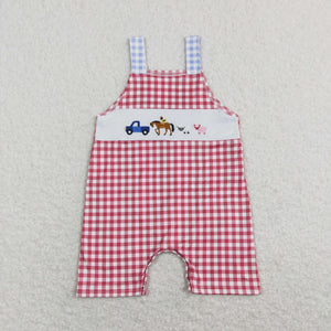 Truck Animals Red Plaid Boys Summer Romper