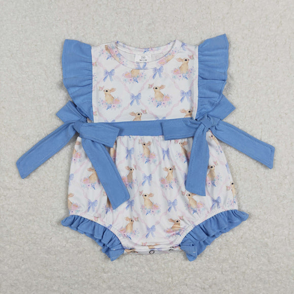 Bunny Bows Blue Ruffles Girls Easter Romper