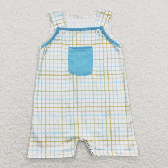Blue Pocket Plaid Boys Summer Romper