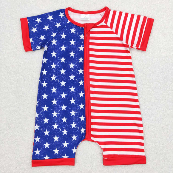 Stars Red Stripe Blue Boys 4th of July Romper