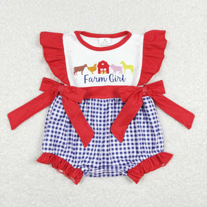 Farm Girl Blue Plaid Red Bows Girls Summer Romper