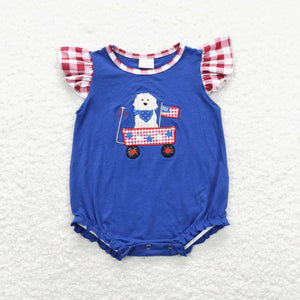 Dog Stars Trolley Red Plaid Blue Girls 4th of July Romper