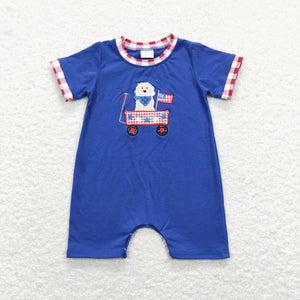 Dog Stars Trolley Red Plaid Blue Boys 4th of July Romper