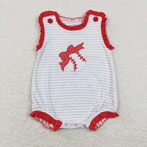 Bow Baseball Stripe Red Ruffles Girls Summer Romper