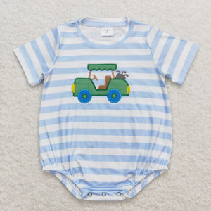 Golf Tour Car Blue Stripe Boys Summer Romper