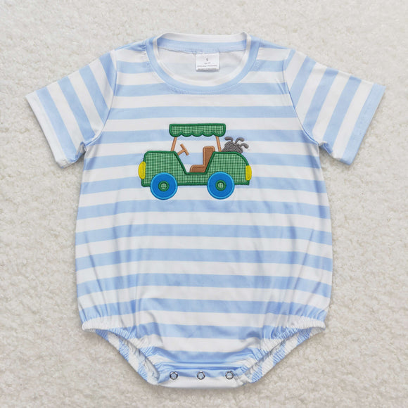 Golf Tour Car Blue Stripe Boys Summer Romper