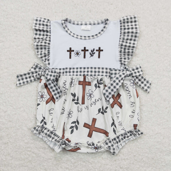 Cross Floral Green Plaid Beige Girls Easter Romper