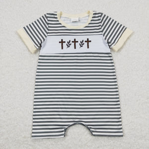 Cross Leaves Green Stripe Beige Boys Easter Romper