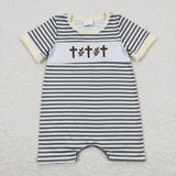 Cross Leaves Green Stripe Beige Boys Easter Romper