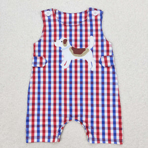 Blue Red Plaid Dog Boys 4th of July Romper