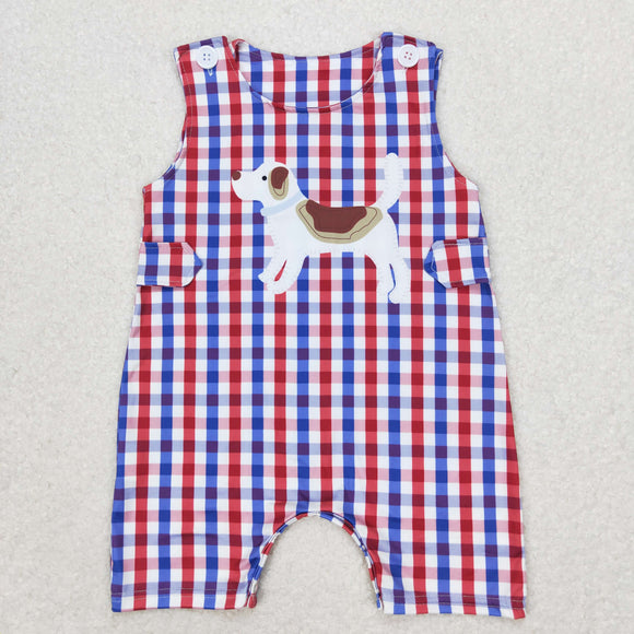 Blue Red Plaid Dog Boys 4th of July Romper