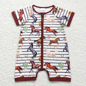 Horses Stripe Brown Boys Summer Romper