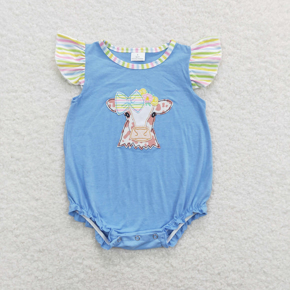 Bow Cow Stripe Blue Girls Summer Romper