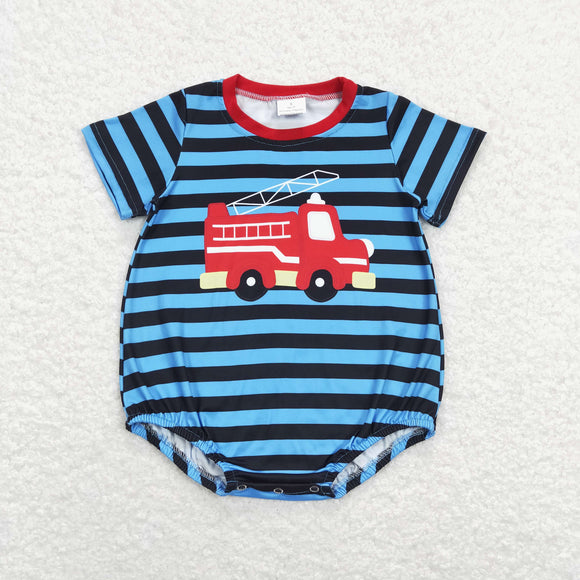 Fire Fighting Truck Stripe Blue Boys Summer Romper