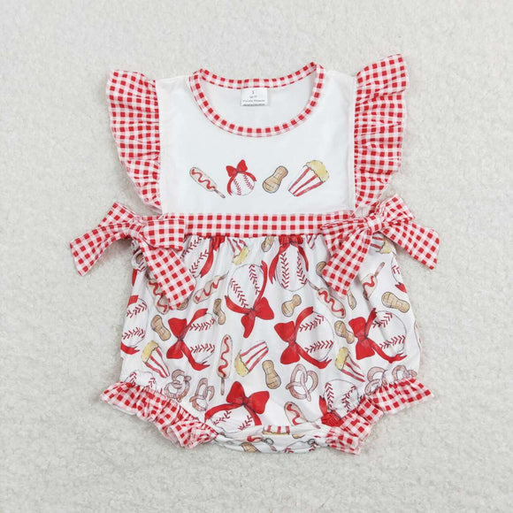 Baseball Red Plaid Ruffles Girls Summer Romper